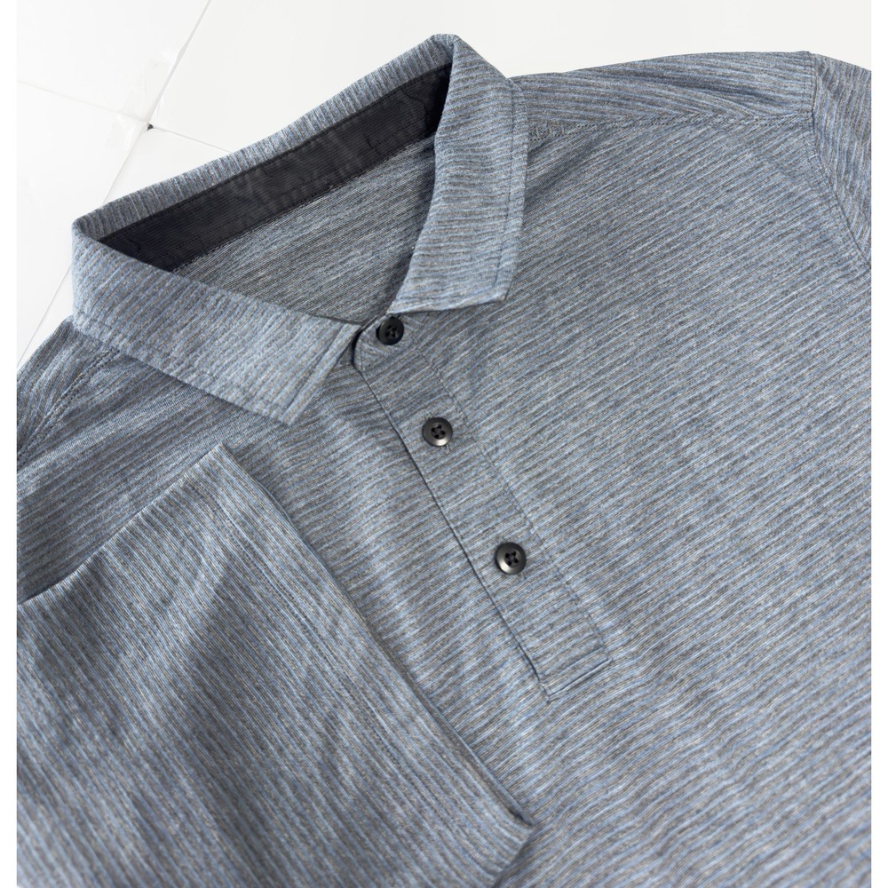 Lululemon Evolution Polo Shirt Mens M Blue Striped Short Sleeve Performance Golf